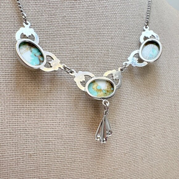 VTG Sterling Silver 925 Turquoise Three Stone Chain Necklace Size 14" Adjustable - Picture 5 of 13